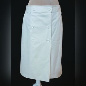 DKNY Crisp White Knee Length Double Button Wrap Skirt Womans 14 Old Money